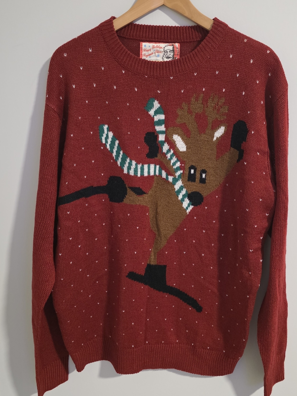 Holiday Time Ugly Christmas Sweater Reindeer Skiing Red L/G